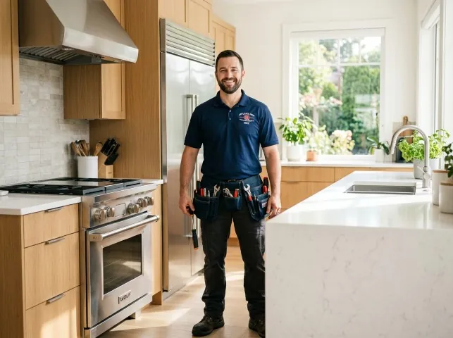 Appliance Repair Hero technician in a Bogota, NJ kitchen after an appliance repair