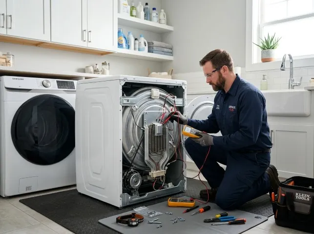 Appliance Repair Hero technician checking a dryer heating element with the rear panel off in Bogota, NJ
