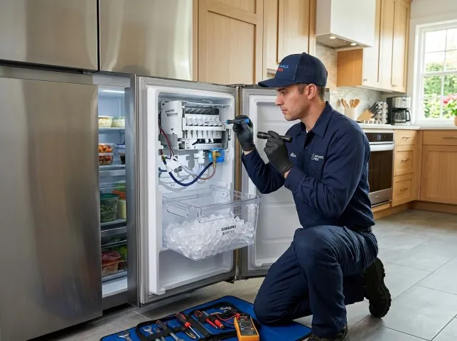 Appliance Repair Hero technician repairing a refrigerator ice maker in Bogota, NJ