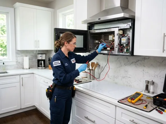 Appliance Repair Hero technician testing an over-the-range microwave in a Bogota, NJ kitchen