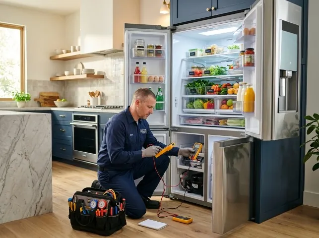Appliance Repair Hero refrigerator technician testing a fridge on a Bogota, NJ service call
