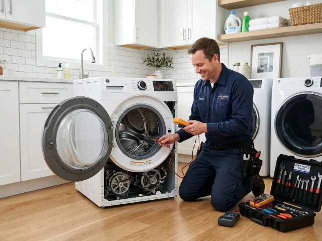 Appliance Repair Hero technician testing a front-load washer with a multimeter on a Bogota, NJ service call